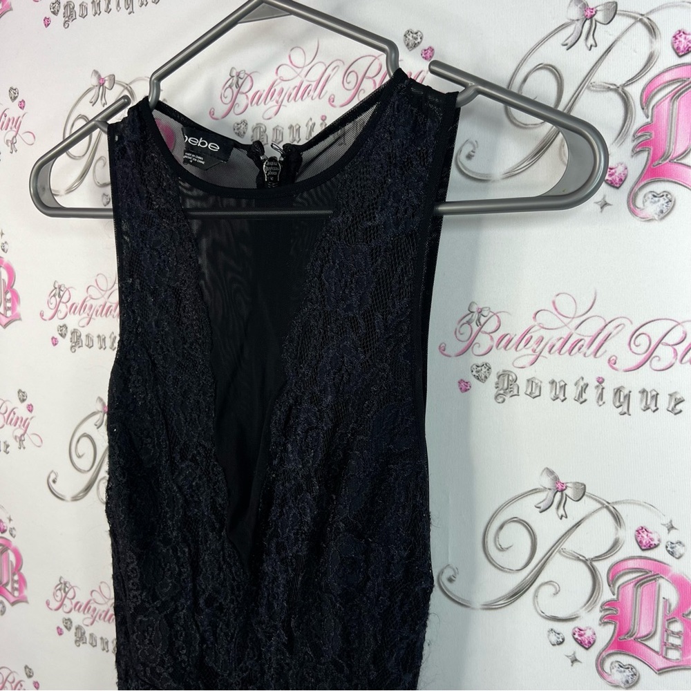 bebe dress lace Lacie floral mesh neckline Elegant Black Lace Midi Dress - Picture 5 of 14
